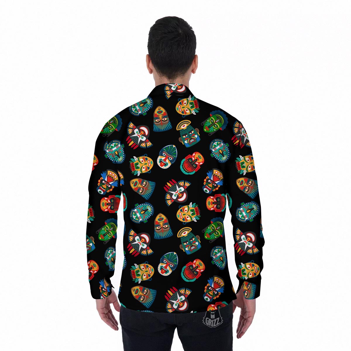 Mask Tribal Tiki Print Pattern Men's Long Sleeve Shirts-grizzshop