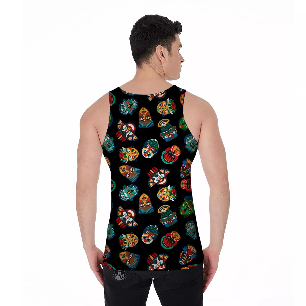 Mask Tribal Tiki Print Pattern Men's Tank Top-grizzshop