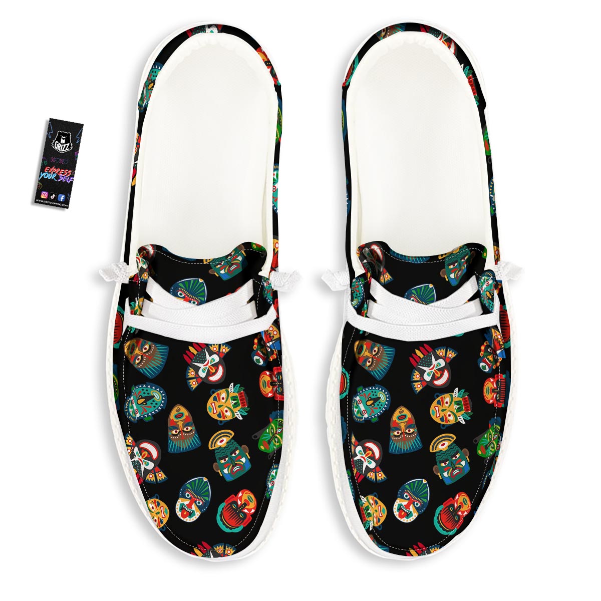 Mask Tribal Tiki Print Pattern White Loafers-grizzshop