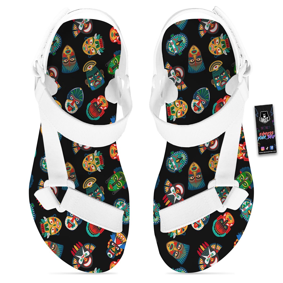 Mask Tribal Tiki Print Pattern White Open Toe Sandals-grizzshop