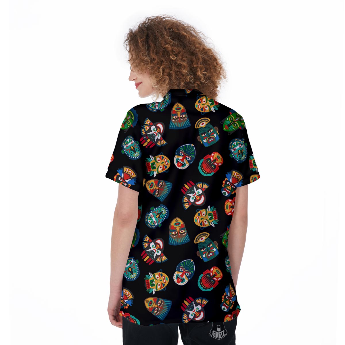 Mask Tribal Tiki Print Pattern Women's Golf Shirts-grizzshop