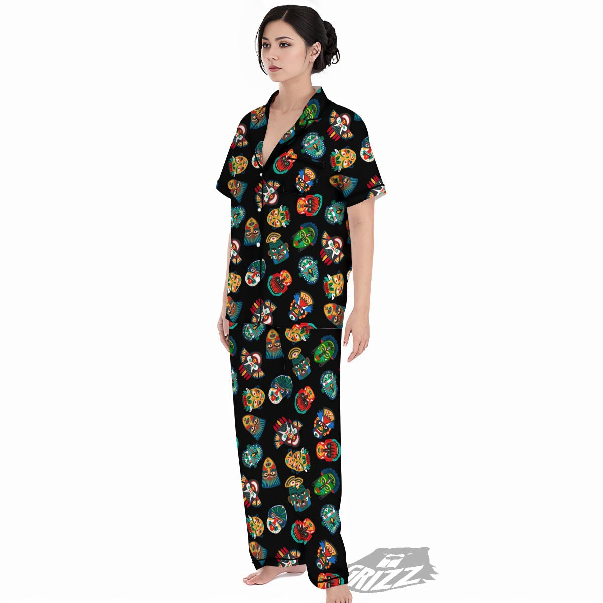 Mask Tribal Tiki Print Pattern Women's Pajamas Set-grizzshop