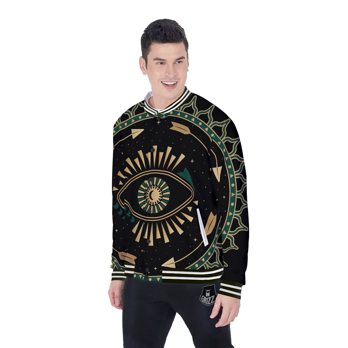 Masonic Eye Green Print Baseball Jacket-grizzshop