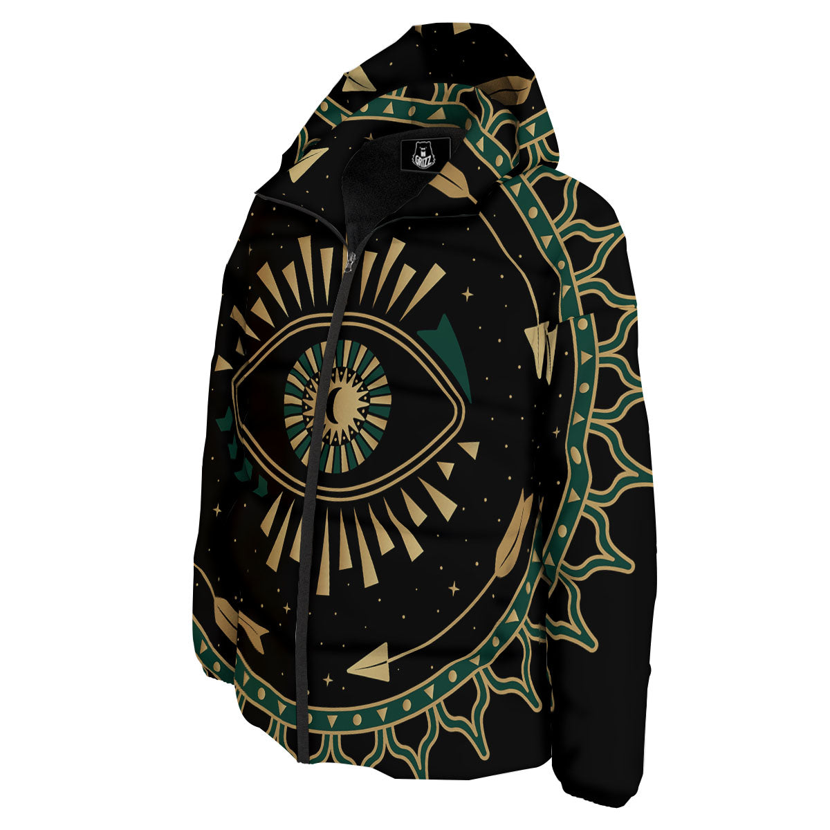 Masonic Eye Green Print Down Jacket-grizzshop