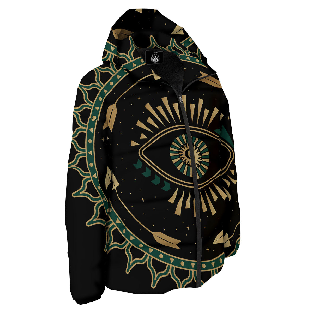 Masonic Eye Green Print Down Jacket-grizzshop