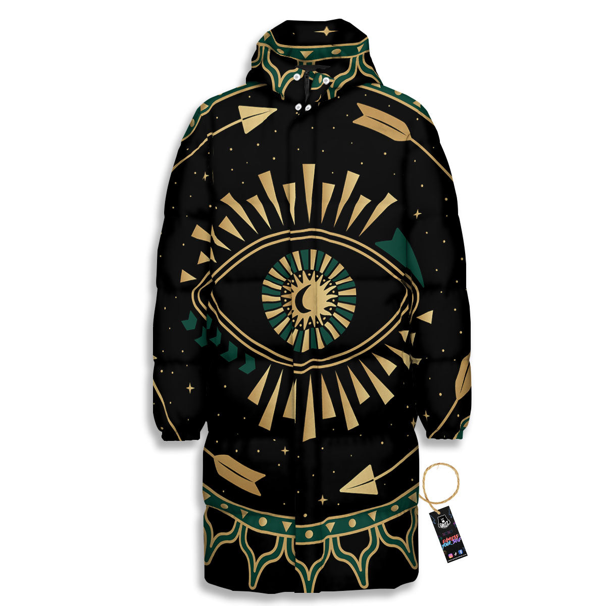 Masonic Eye Green Print Long Down Jacket-grizzshop