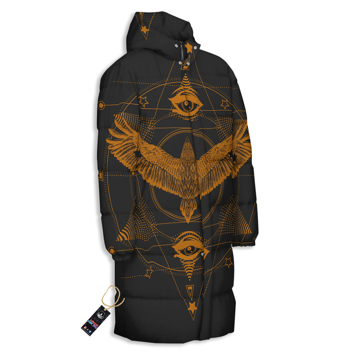 Masonic Eye Raven Print Long Down Jacket-grizzshop