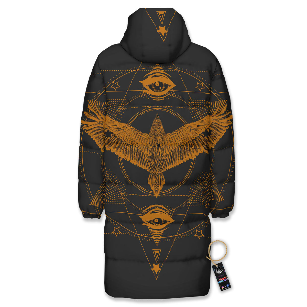 Masonic Eye Raven Print Long Down Jacket-grizzshop