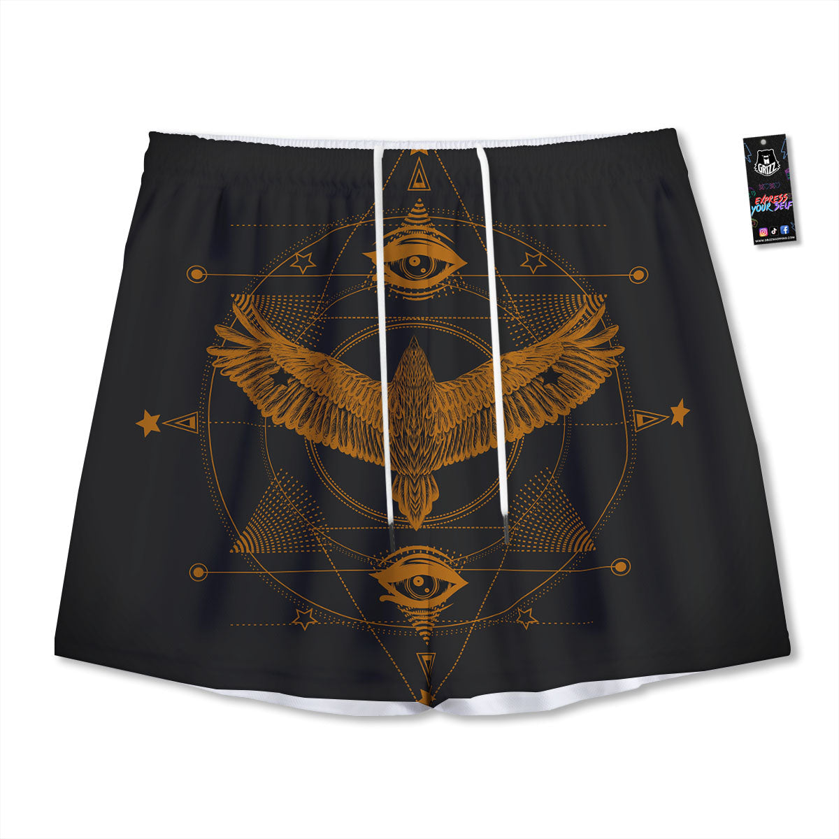 Masonic Eye Raven Print Mesh Shorts