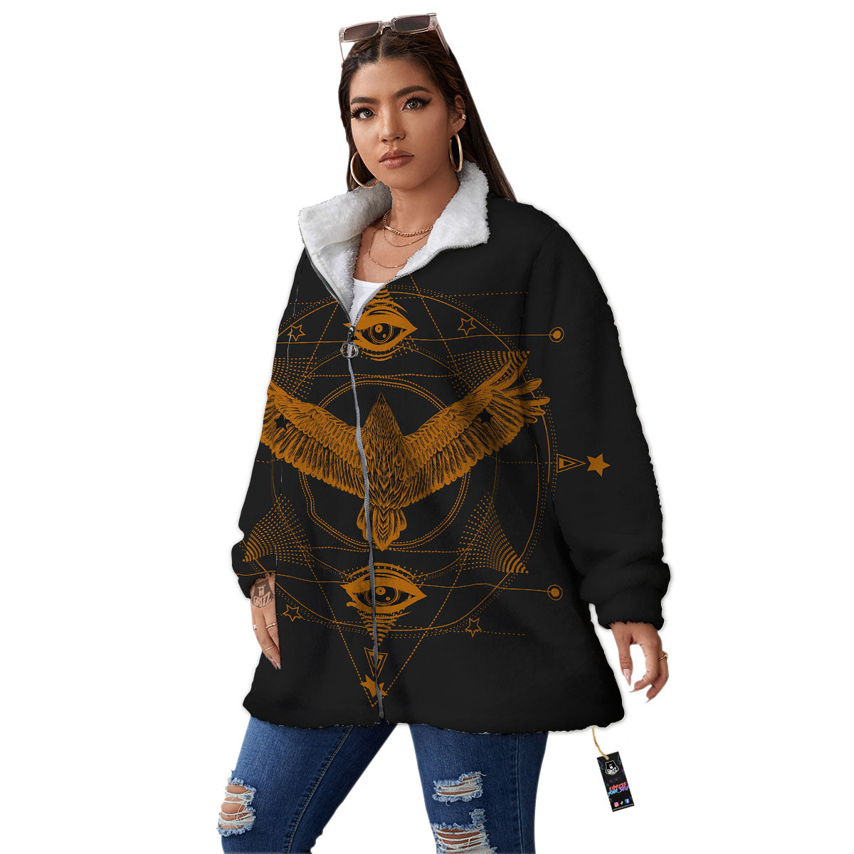Masonic Eye Raven Print Women's Sherpa Jacket-grizzshop