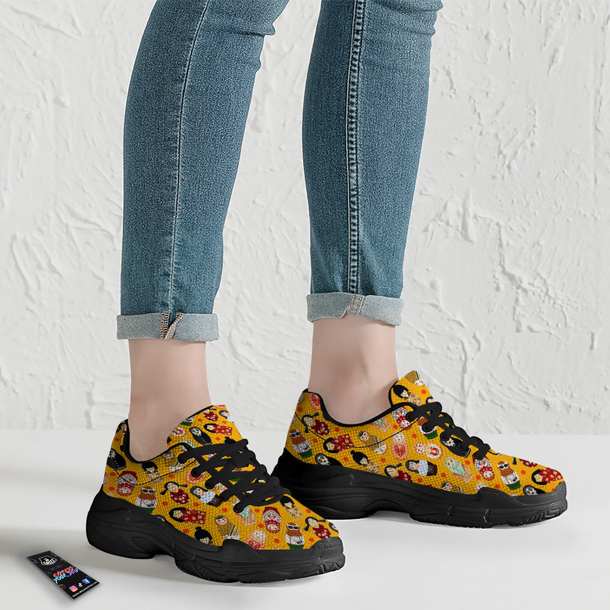 Matryoshka Doll Yellow Print Pattern Black Chunky Shoes-grizzshop