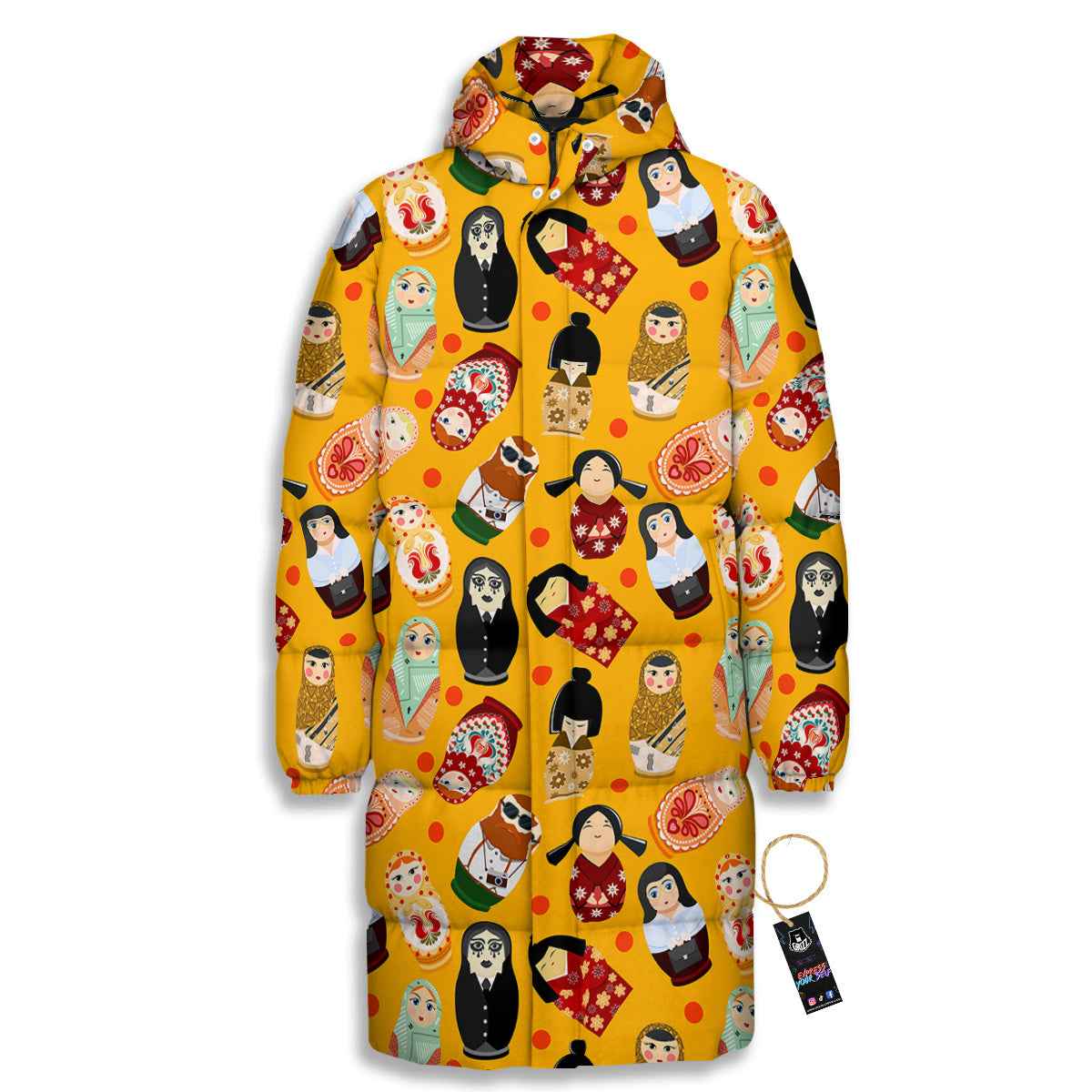 Matryoshka Doll Yellow Print Pattern Long Down Jacket-grizzshop