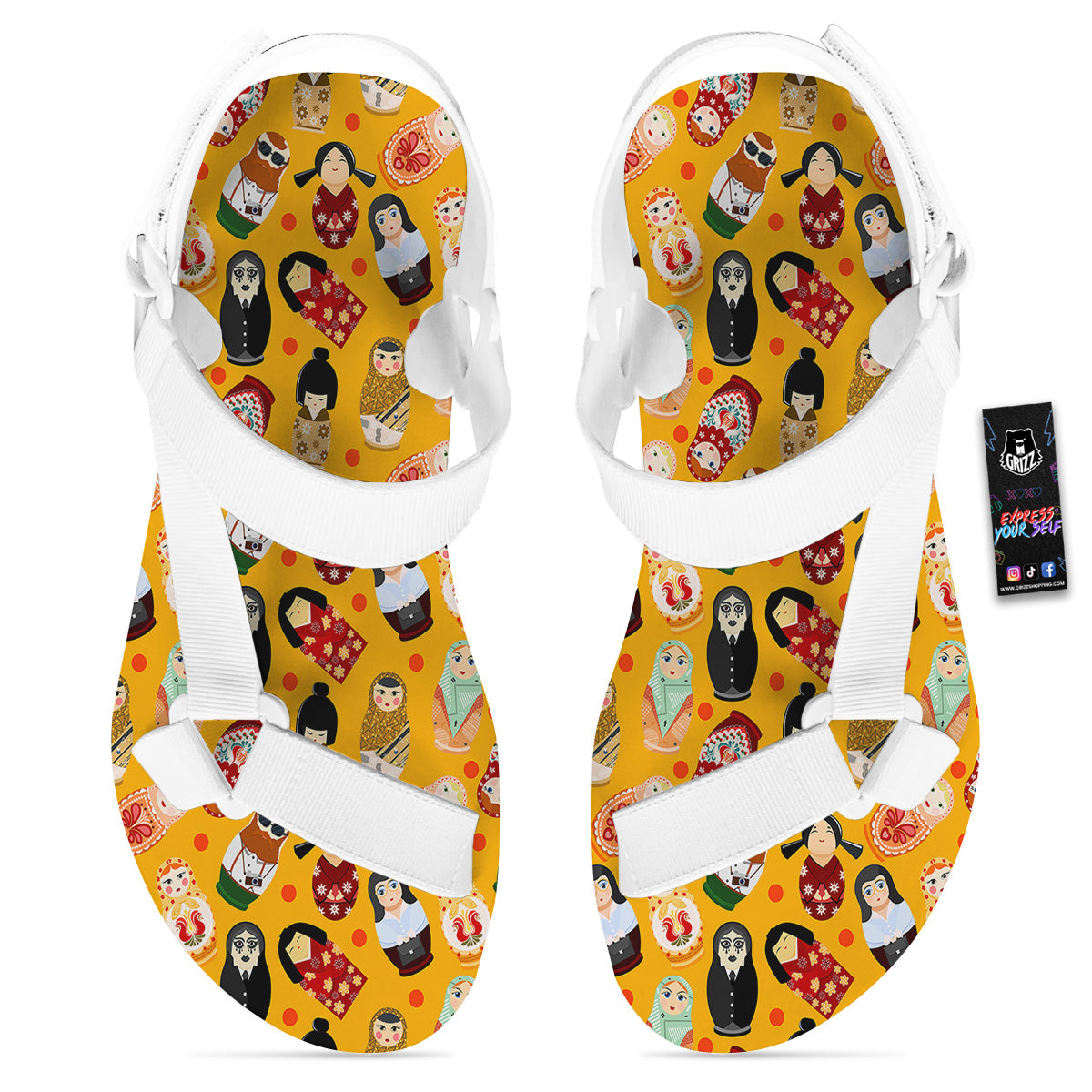 Matryoshka Doll Yellow Print Pattern White Open Toe Sandals-grizzshop