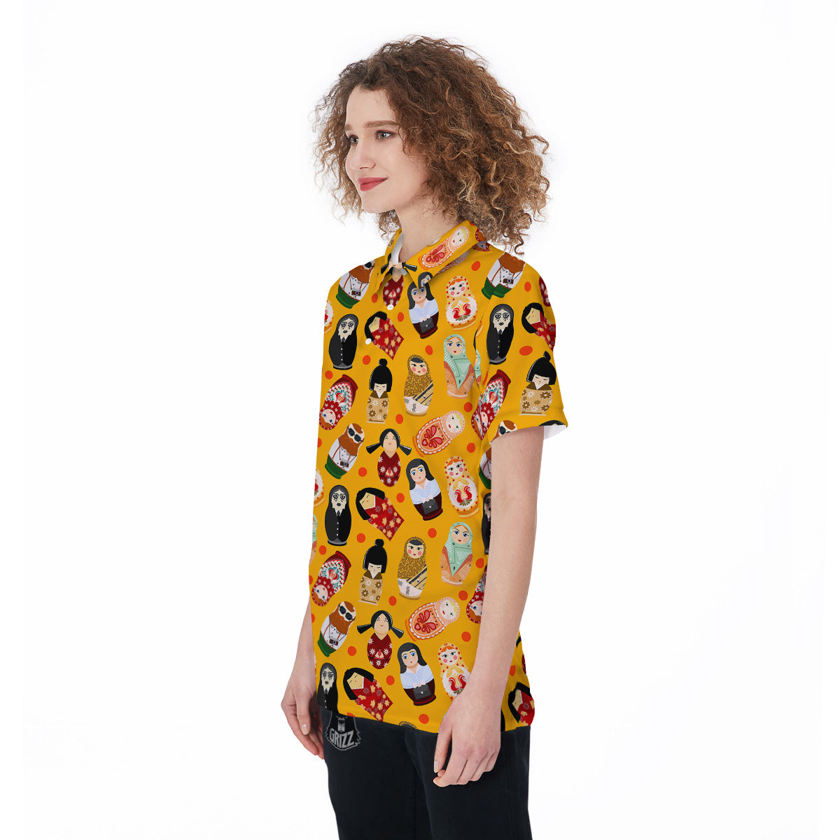 Matryoshka Doll Yellow Print Pattern Women's Golf Shirts-grizzshop