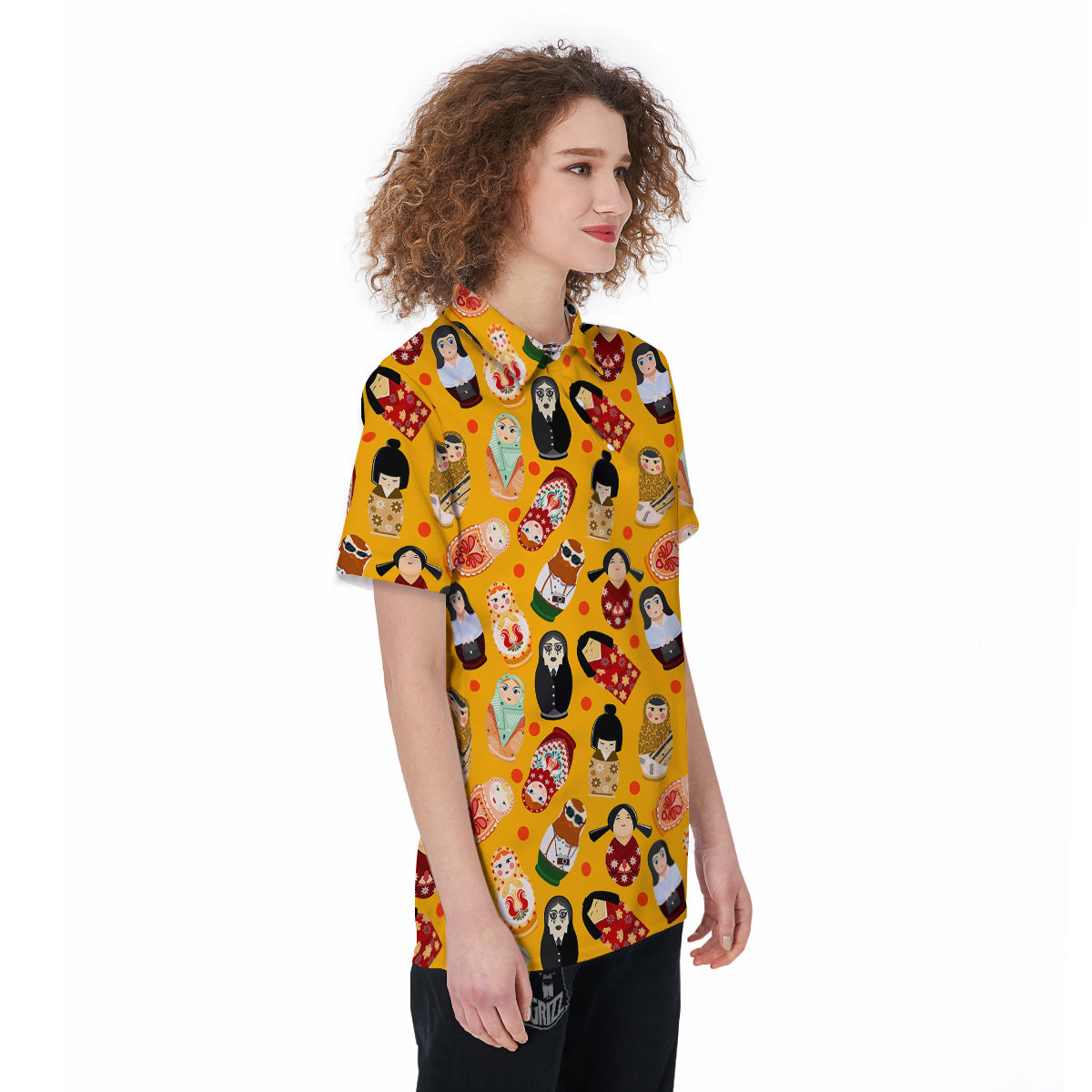 Matryoshka Doll Yellow Print Pattern Women's Golf Shirts-grizzshop