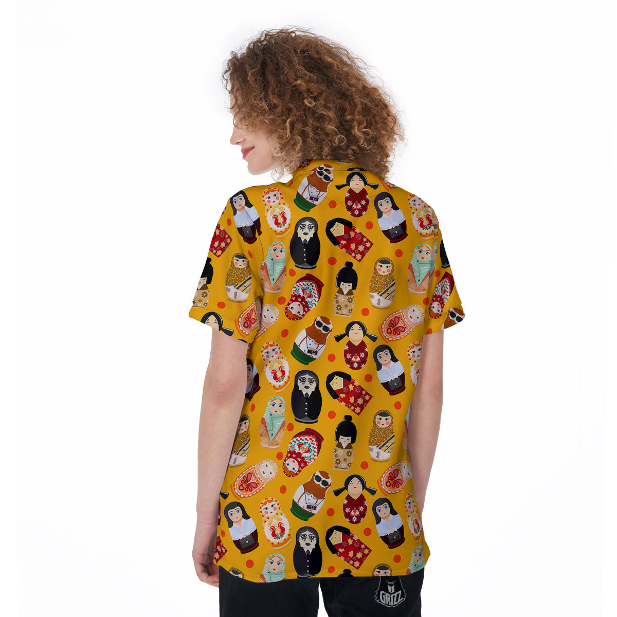 Matryoshka Doll Yellow Print Pattern Women's Golf Shirts-grizzshop
