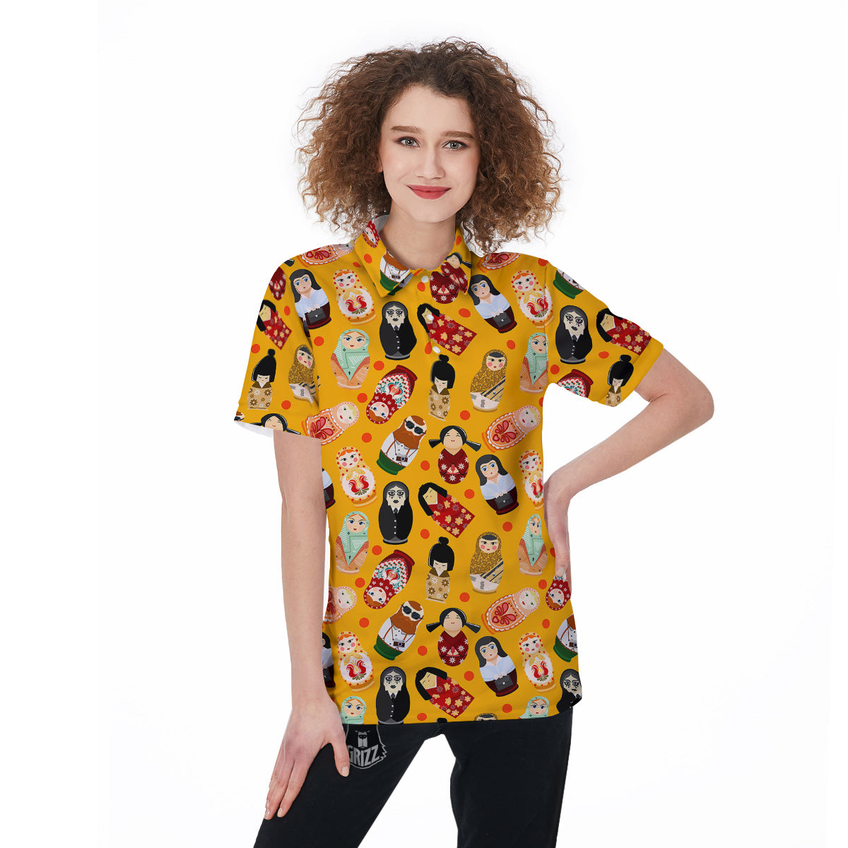 Matryoshka Doll Yellow Print Pattern Women's Golf Shirts-grizzshop