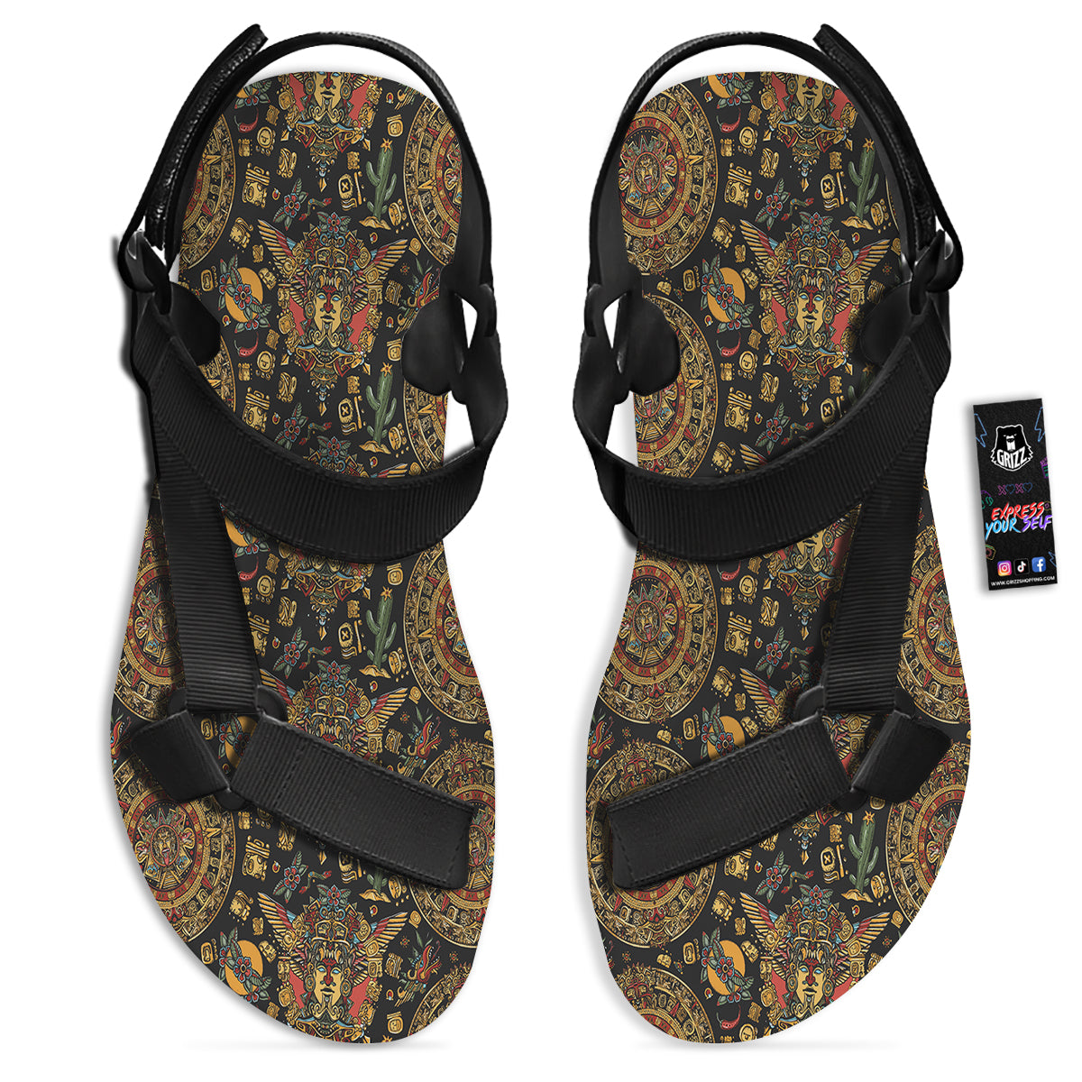 Maya Ancient Print Pattern Black Open Toe Sandals-grizzshop