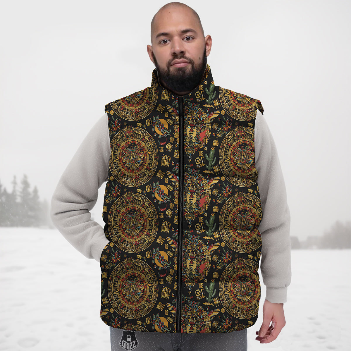 Maya Ancient Print Pattern Down Vest-grizzshop