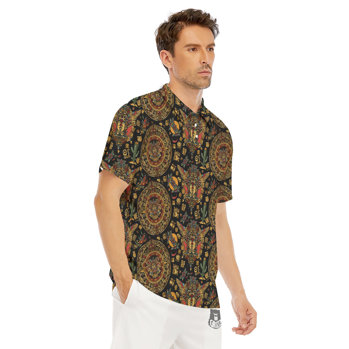 Maya Ancient Print Pattern Men's Golf Shirts-grizzshop