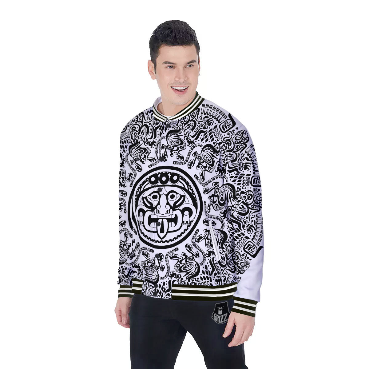 Maya Calendar White And Black Print Baseball Jacket-grizzshop