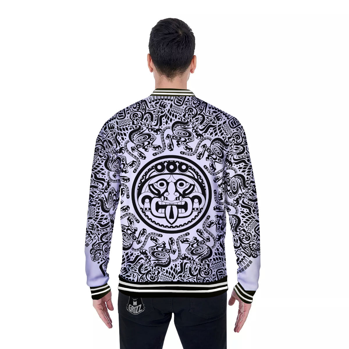 Maya Calendar White And Black Print Baseball Jacket-grizzshop