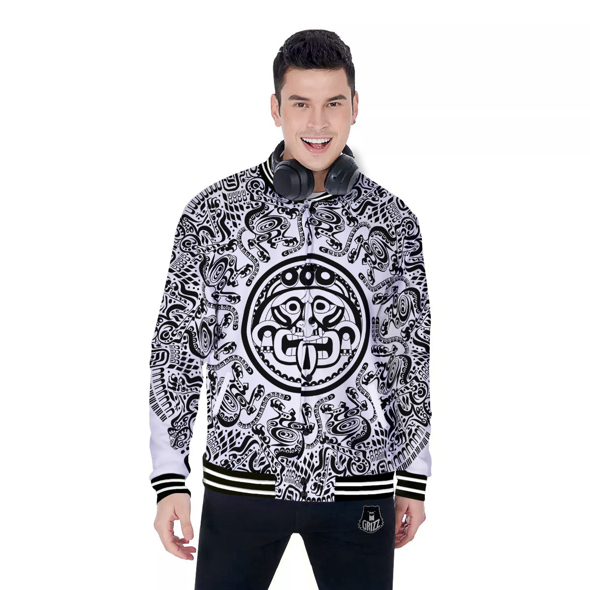 Maya Calendar White And Black Print Baseball Jacket-grizzshop