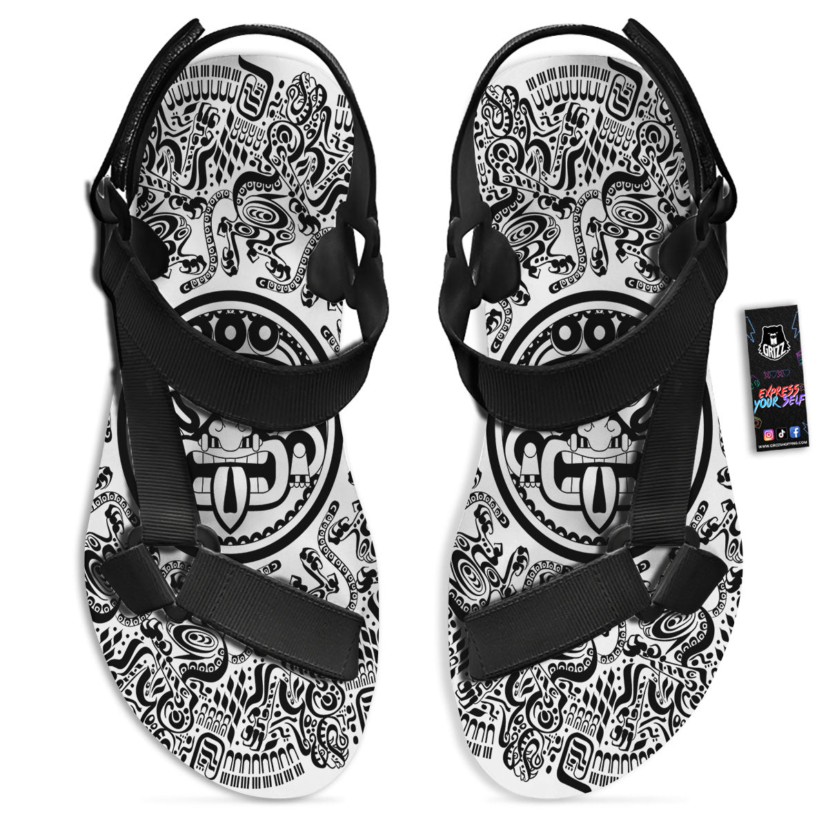 Maya Calendar White And Black Print Black Open Toe Sandals-grizzshop