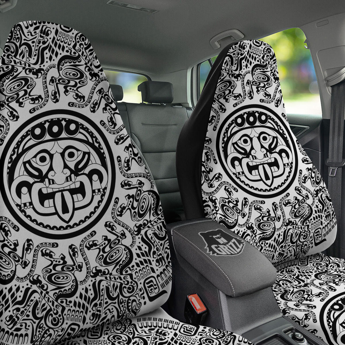 Maya Calendar White And Black Print Car Seat Covers-grizzshop