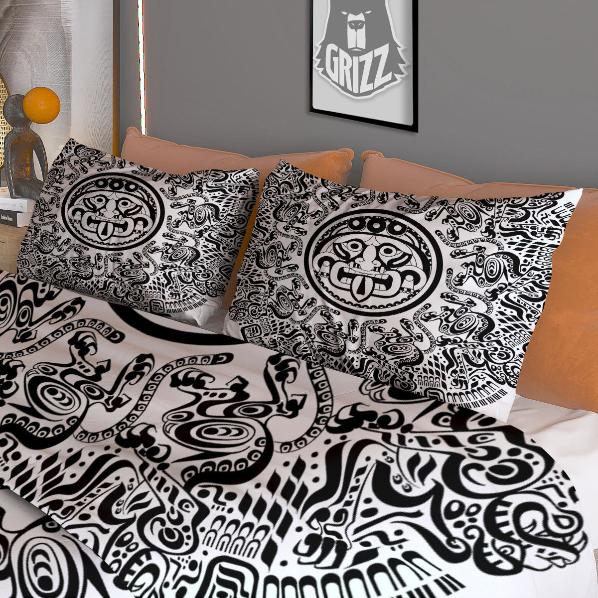 Maya Calendar White And Black Print Duvet Cover Bedding Set