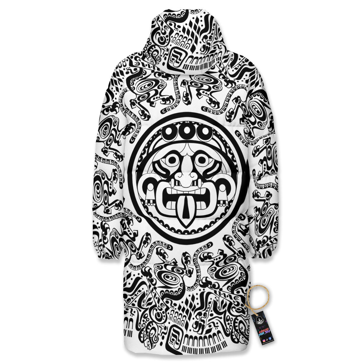 Maya Calendar White And Black Print Long Down Jacket-grizzshop