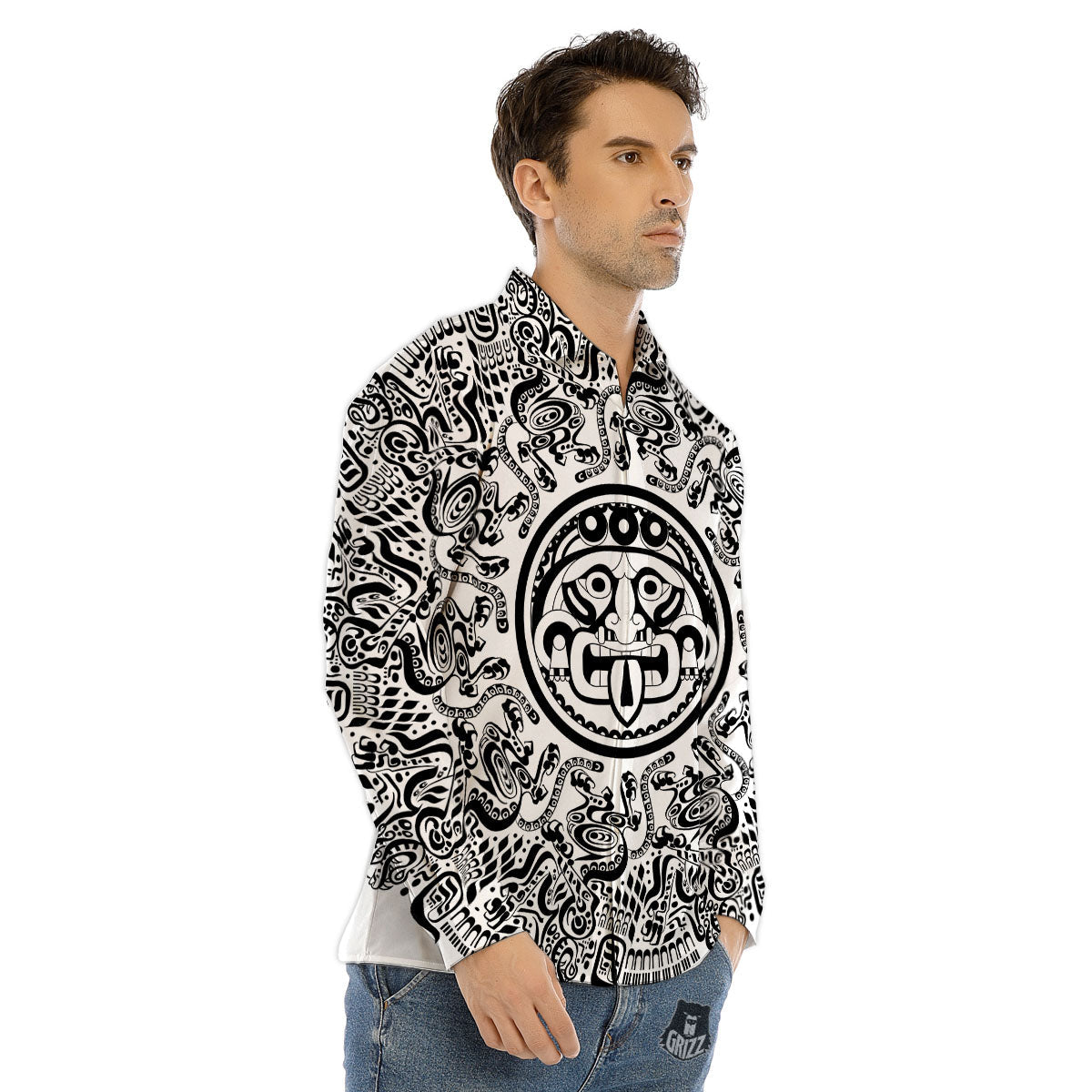 Maya Calendar White And Black Print Men's Dress Shirts-grizzshop