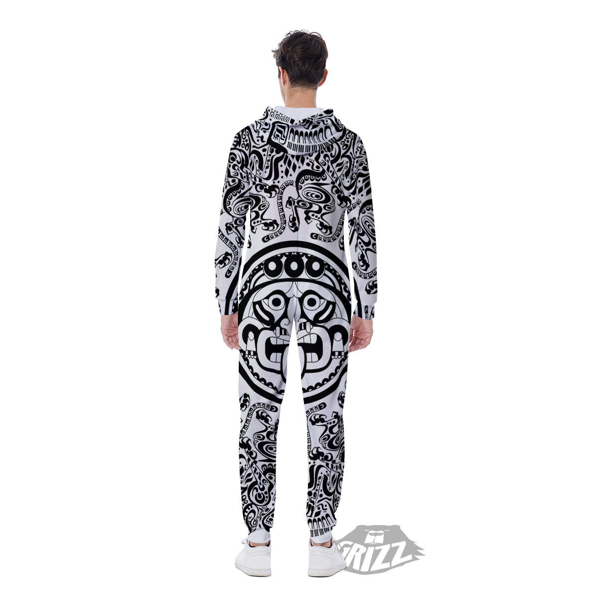 Maya Calendar White And Black Print Men's Jumpsuit-grizzshop