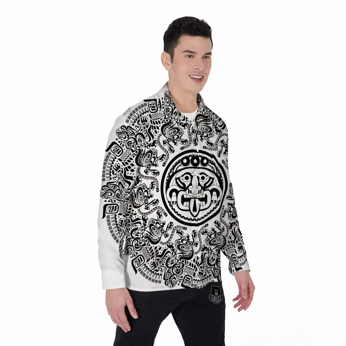 Maya Calendar White And Black Print Men's Long Sleeve Shirts-grizzshop