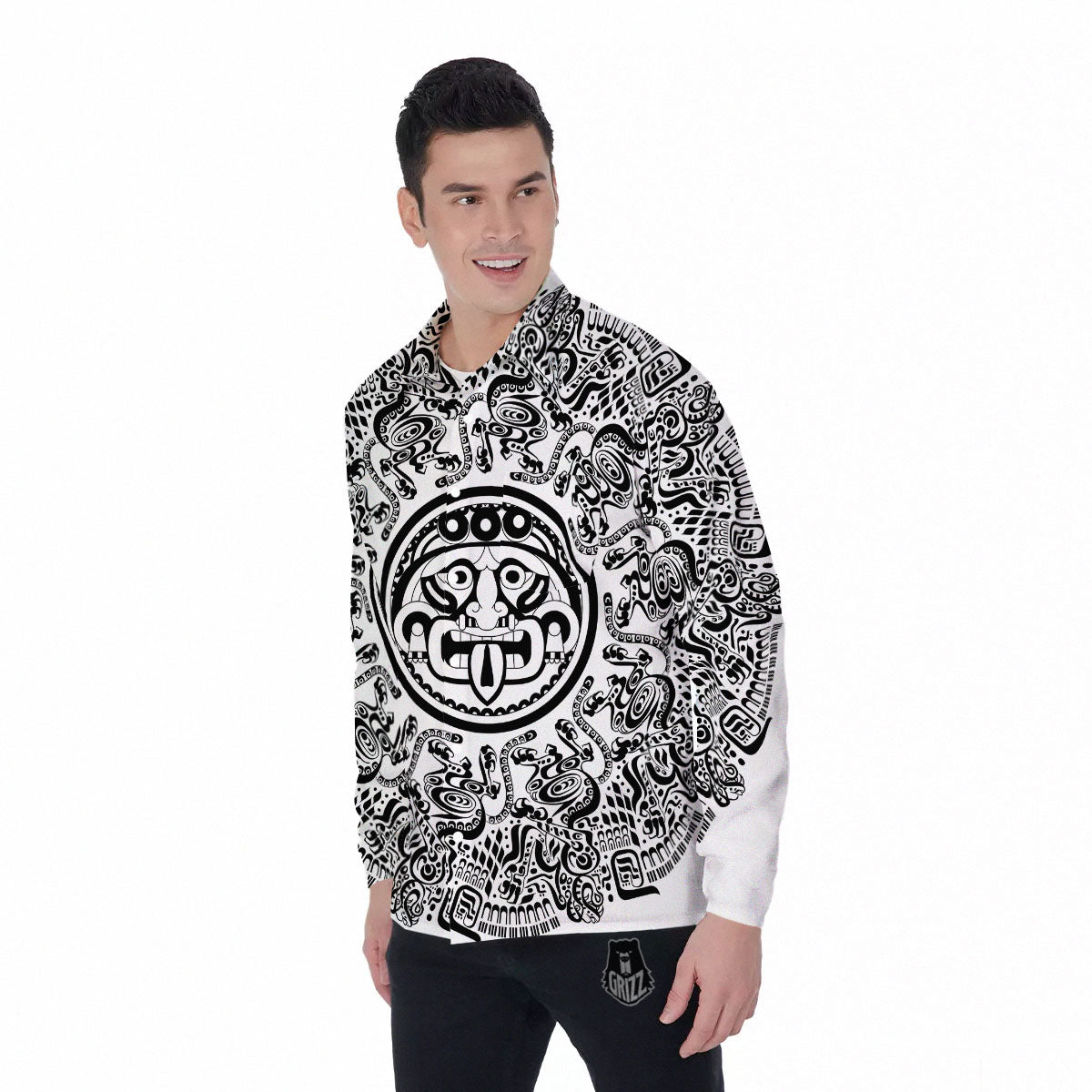 Maya Calendar White And Black Print Men's Long Sleeve Shirts-grizzshop