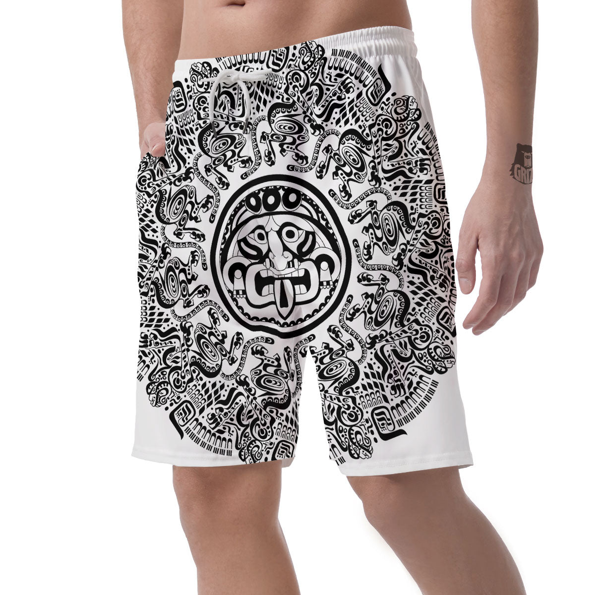 Maya Calendar White And Black Print Men's Shorts-grizzshop