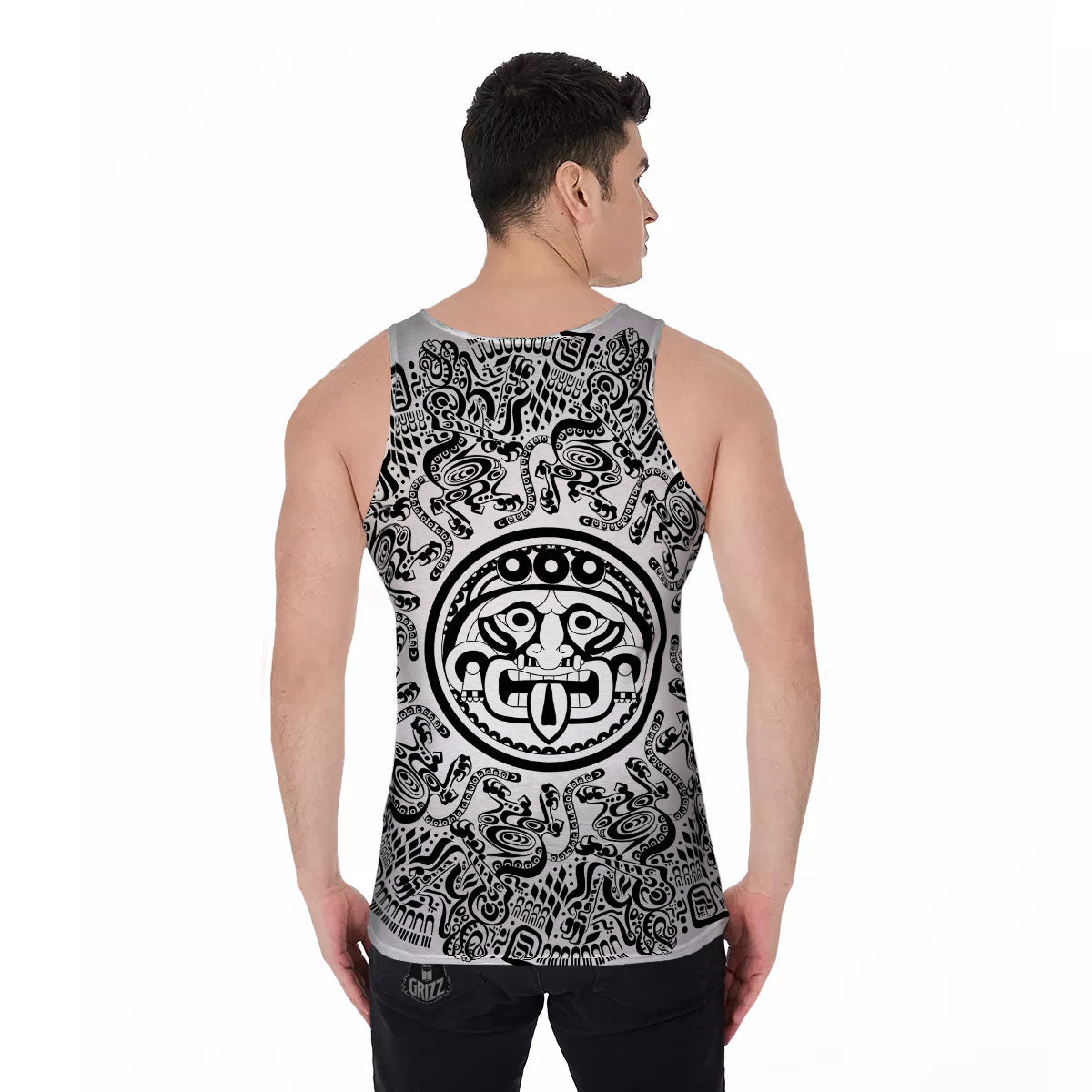 Maya Calendar White And Black Print Men's Tank Top-grizzshop