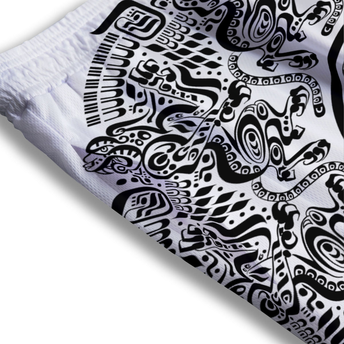 Maya Calendar White And Black Print Mesh Shorts