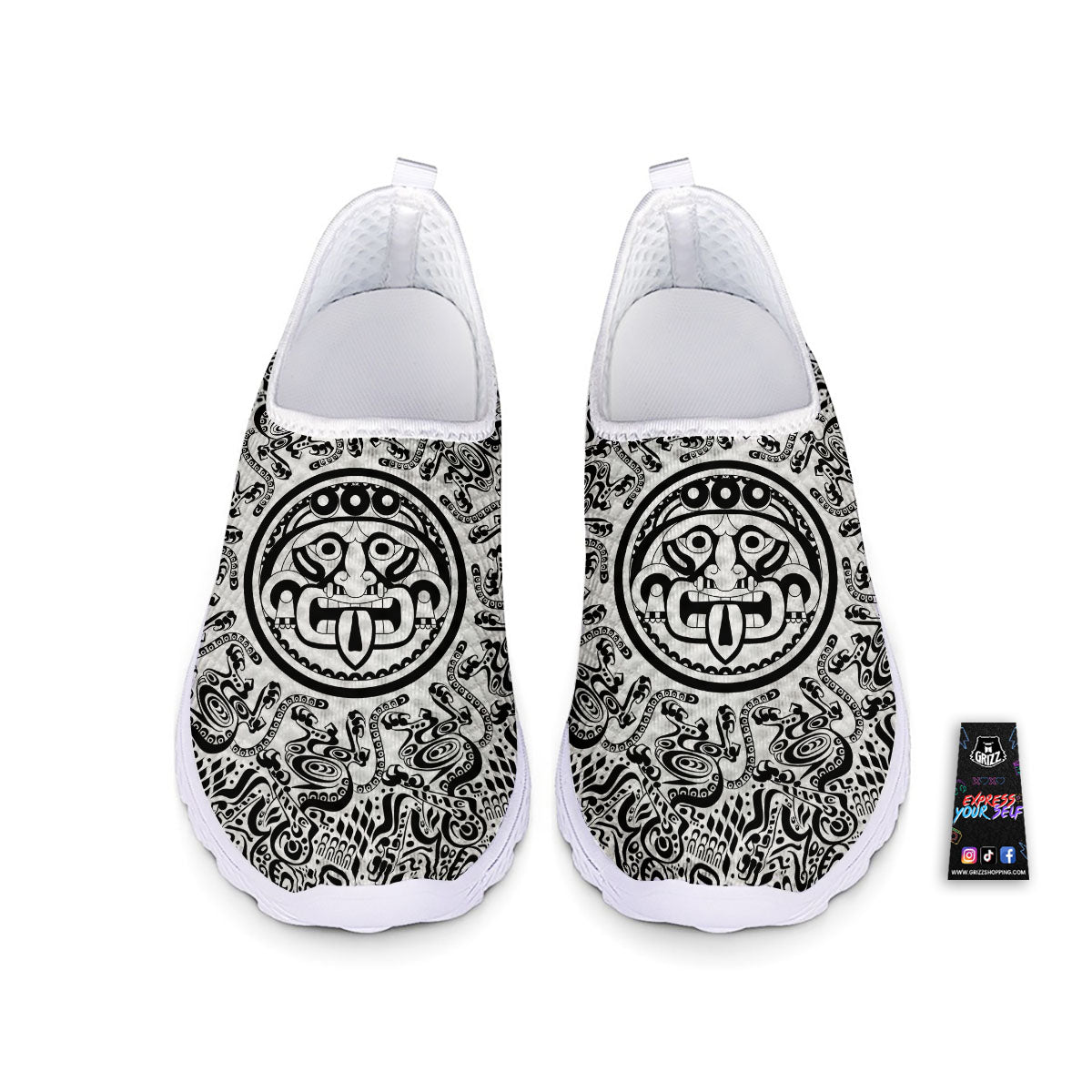 Maya Calendar White And Black Print Nurse Shoes-grizzshop