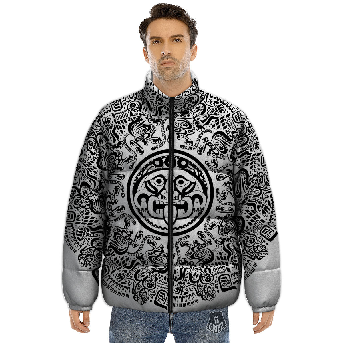 Maya Calendar White And Black Print Puffer Jacket-grizzshop
