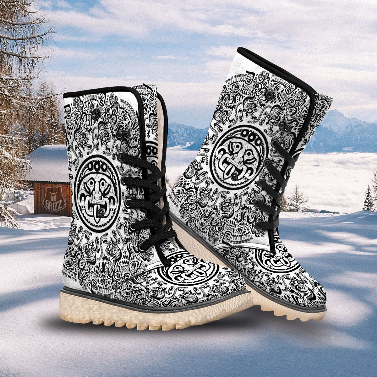 Maya Calendar White And Black Print Snow Boots-grizzshop