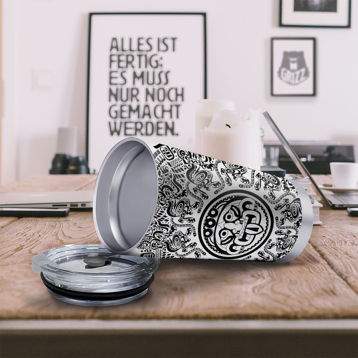 Maya Calendar White And Black Print Tumbler-grizzshop
