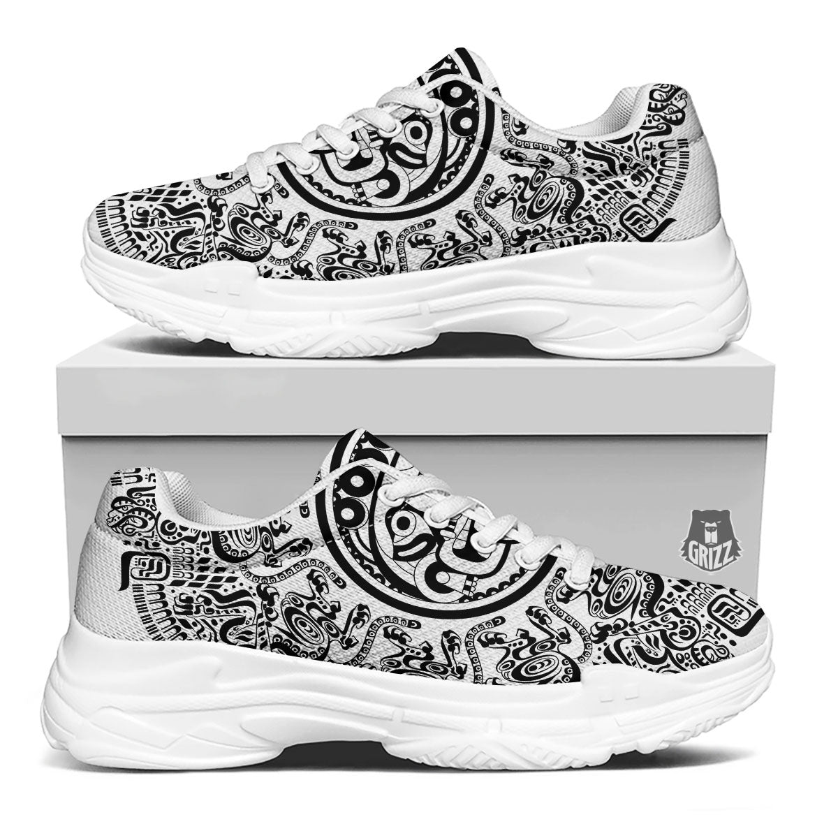 Maya Calendar White And Black Print White Chunky Shoes-grizzshop