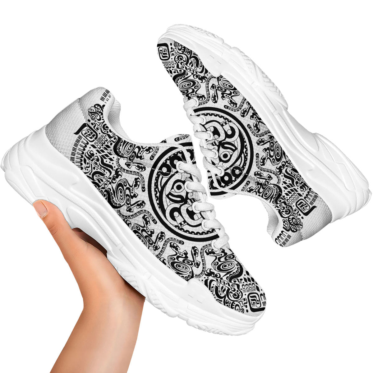 Maya Calendar White And Black Print White Chunky Shoes-grizzshop