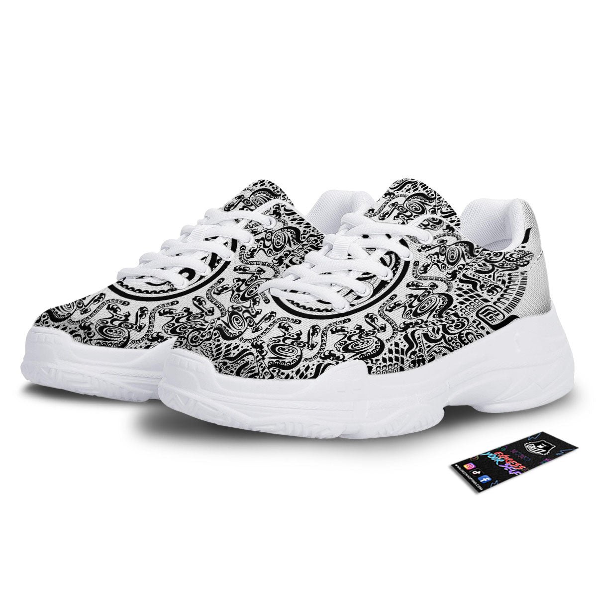 Maya Calendar White And Black Print White Chunky Shoes-grizzshop