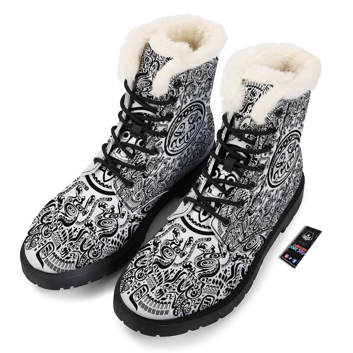 Maya Calendar White And Black Print Winter Boots-grizzshop