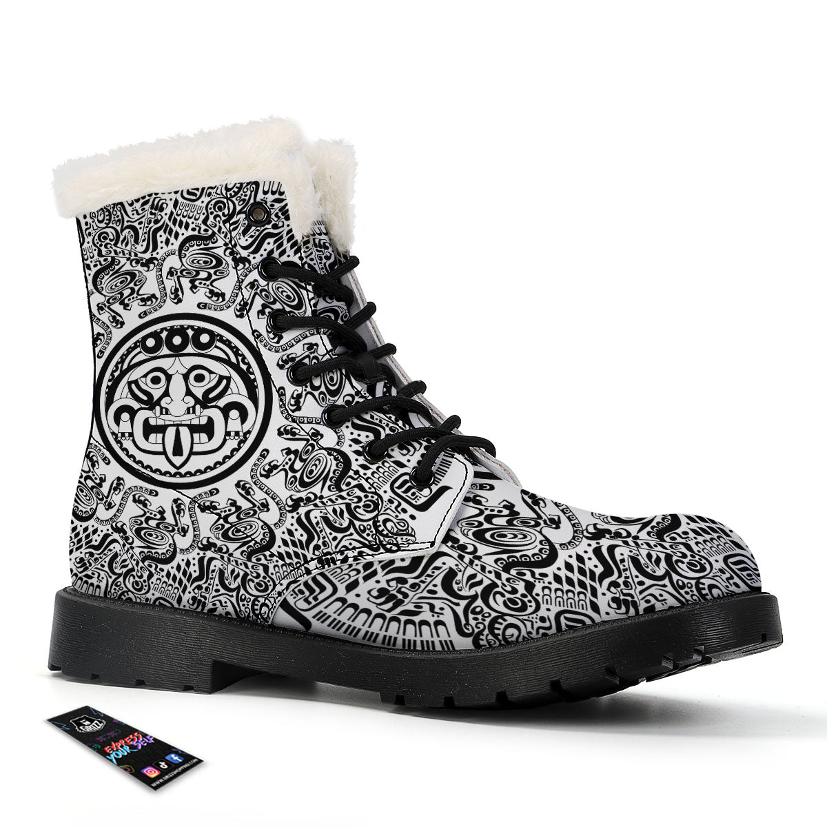Maya Calendar White And Black Print Winter Boots-grizzshop