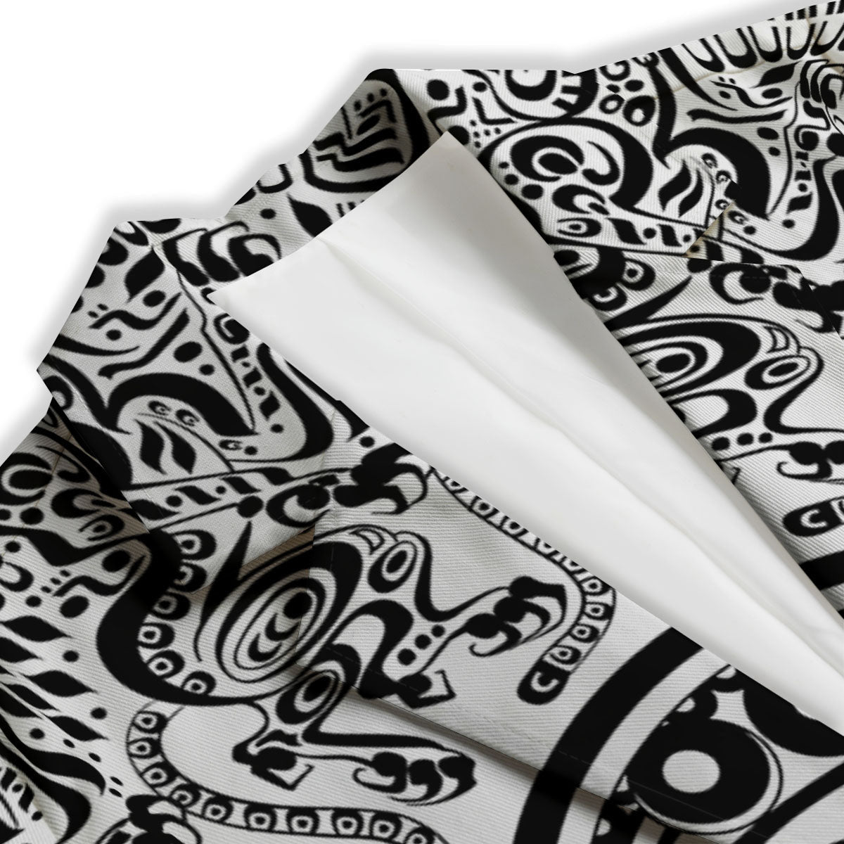 Maya Calendar White And Black Print Women's Blazer-grizzshop
