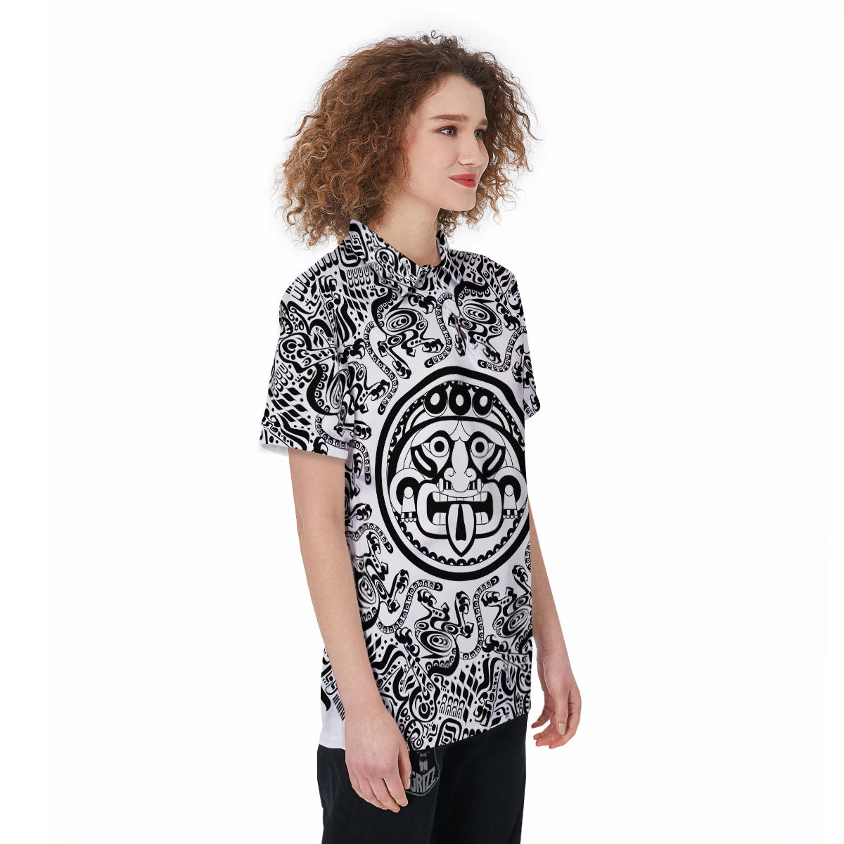 Maya Calendar White And Black Print Women's Golf Shirts-grizzshop