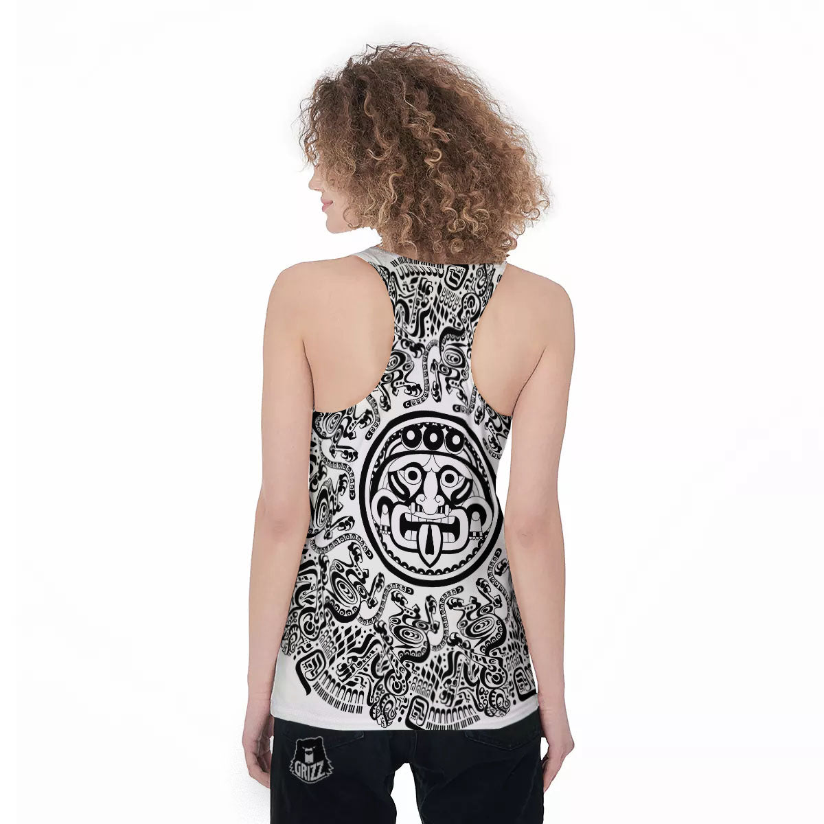 Maya Calendar White And Black Print Women's Racerback Tank Top-grizzshop